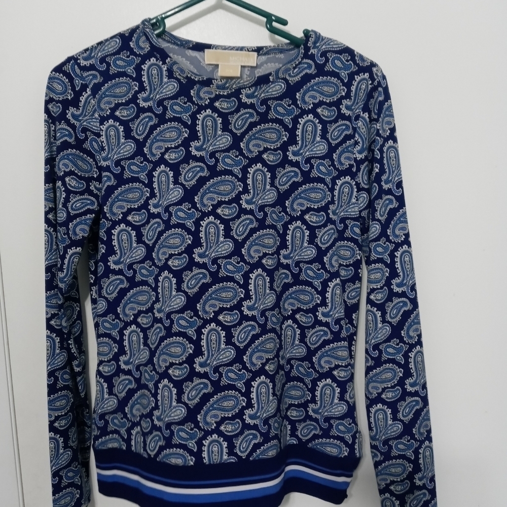 Michael Michael Kors Blue Paisley long Sleeve Stretch Blouse Striped Hem